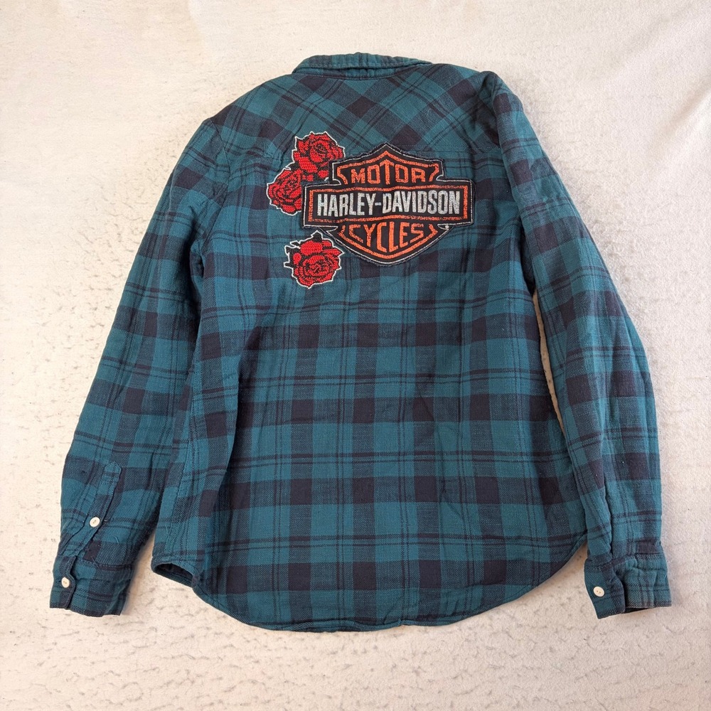 Harley Davidson Flannel Shirt Womens Medium Teal Plaid Sherpa Lined Roses Patch